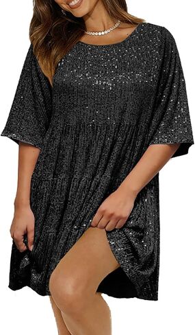 Womens Summer Babydoll Sequin Dress Sparkly Glitter Short Flowy Tiered Shift Dress for Cocktail Party Club in Saudi Arabia