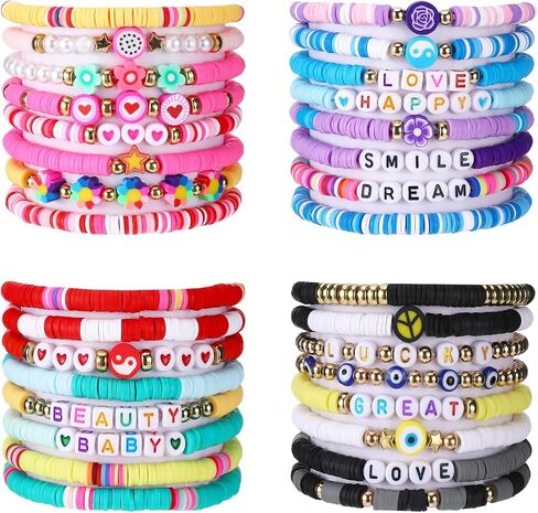 32 Pcs Friendship Bracelets for Women, Colorful Polymer Clay Beaded Bracelets, Stackable Stretch Charm Bracelet, Y2K Boho Preppy Style Bulk Jewelry Gifts, Summer Beach Party Accessories in Saudi Arabia