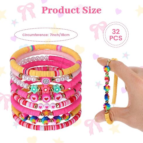 32 Pcs Friendship Bracelets for Women, Colorful Polymer Clay Beaded Bracelets, Stackable Stretch Charm Bracelet, Y2K Boho Preppy Style Bulk Jewelry Gifts, Summer Beach Party Accessories in Saudi Arabia