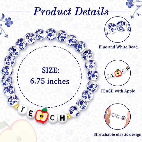 Sereney Teacher Appreciation Gifts for Women,Teacher Week Bracelet Appreciation Day Thank You Gifts,TEACH Charm Blue and White Porcelain Beads Bracelets Daily Wear Jewelry as End of Year Teachers Gift in Kuwait