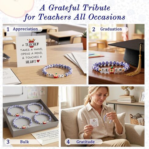 Sereney Teacher Appreciation Gifts for Women,Teacher Week Bracelet Appreciation Day Thank You Gifts,TEACH Charm Blue and White Porcelain Beads Bracelets Daily Wear Jewelry as End of Year Teachers Gift in Kuwait