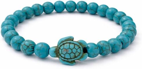 Turquoise Bracelet – Stretchy Beaded with Real Turquoise Stone Beads | Turtle Charm, Beach Jewelry, Elastic Bead in Kuwait