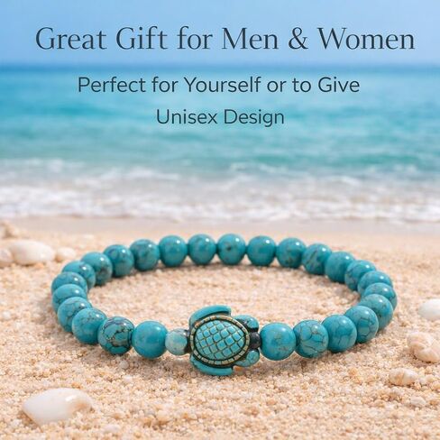 Turquoise Bracelet – Stretchy Beaded with Real Turquoise Stone Beads | Turtle Charm, Beach Jewelry, Elastic Bead in Kuwait