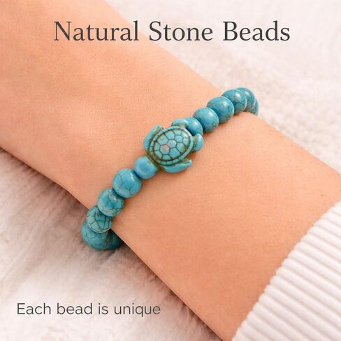 Turquoise Bracelet – Stretchy Beaded with Real Turquoise Stone Beads | Turtle Charm, Beach Jewelry, Elastic Bead in Kuwait