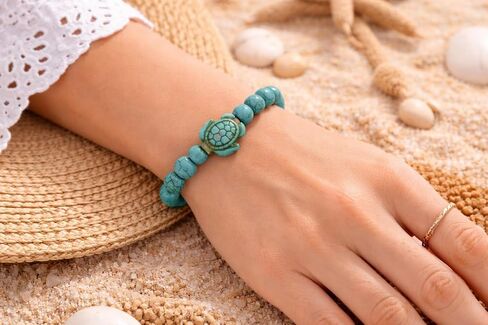 Turquoise Bracelet – Stretchy Beaded with Real Turquoise Stone Beads | Turtle Charm, Beach Jewelry, Elastic Bead in Kuwait