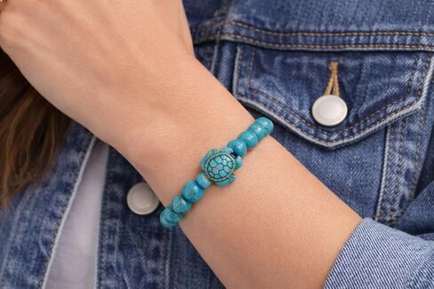 Turquoise Bracelet – Stretchy Beaded with Real Turquoise Stone Beads | Turtle Charm, Beach Jewelry, Elastic Bead in Kuwait
