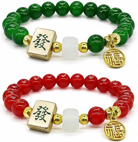 2PCS Mahjong Jewelry, Mahjong Bracelet, Mahjong Beads in Red and Green, Adjustable Tile Design for Daily Wear or Gift, Lightweight and Comfortable in Saudi Arabia