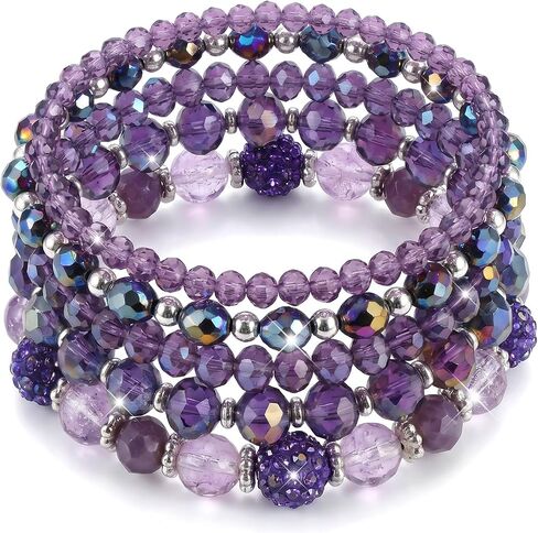 5Pcs Bohemian Beaded Bracelets for Women, Stackable Purple Glass Faceted Crystal Bead Bracelet, Multilayered Disco Ball Faceted Crystal Beads Bracelet Set, Gift for Mother's Day, Birthday, Anniversary in Saudi Arabia