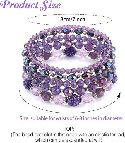 5Pcs Bohemian Beaded Bracelets for Women, Stackable Purple Glass Faceted Crystal Bead Bracelet, Multilayered Disco Ball Faceted Crystal Beads Bracelet Set, Gift for Mother's Day, Birthday, Anniversary in Saudi Arabia