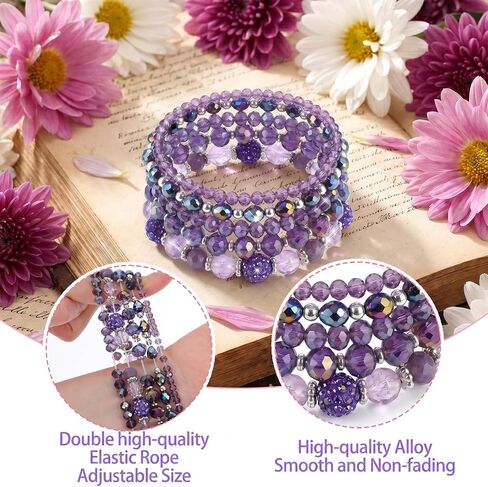 5Pcs Bohemian Beaded Bracelets for Women, Stackable Purple Glass Faceted Crystal Bead Bracelet, Multilayered Disco Ball Faceted Crystal Beads Bracelet Set, Gift for Mother's Day, Birthday, Anniversary in Saudi Arabia