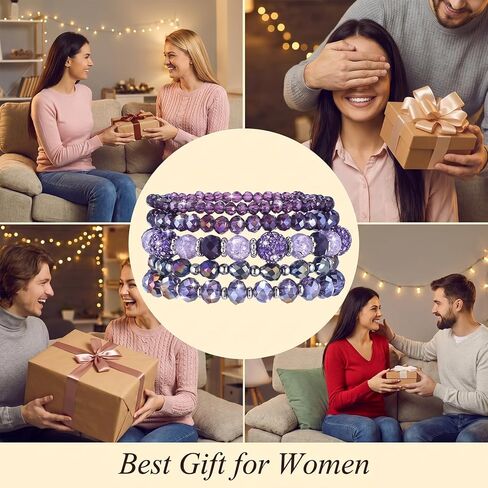 5Pcs Bohemian Beaded Bracelets for Women, Stackable Purple Glass Faceted Crystal Bead Bracelet, Multilayered Disco Ball Faceted Crystal Beads Bracelet Set, Gift for Mother's Day, Birthday, Anniversary in Saudi Arabia