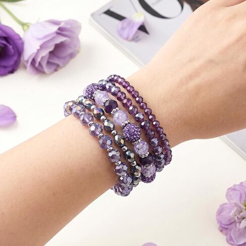 5Pcs Bohemian Beaded Bracelets for Women, Stackable Purple Glass Faceted Crystal Bead Bracelet, Multilayered Disco Ball Faceted Crystal Beads Bracelet Set, Gift for Mother's Day, Birthday, Anniversary in Saudi Arabia