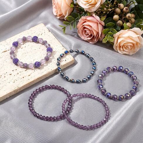 5Pcs Bohemian Beaded Bracelets for Women, Stackable Purple Glass Faceted Crystal Bead Bracelet, Multilayered Disco Ball Faceted Crystal Beads Bracelet Set, Gift for Mother's Day, Birthday, Anniversary in Saudi Arabia