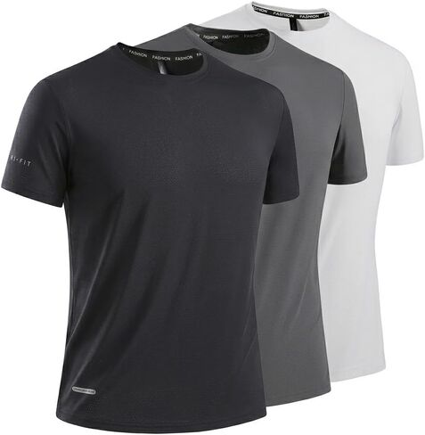 3 PCS Pack Men's Quick Dry Athletic T-Shirt 89% Nylon 11% Spandex Short Sleeve Gym Workout Running Top Black Grey White in Saudi Arabia