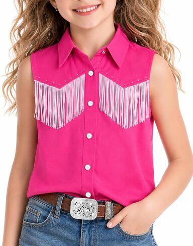 Girls Fringe Western Shirt Sleeveless Cowgirl Button Down Shirts Casual Blouses Tops 5-12Y in Kuwait