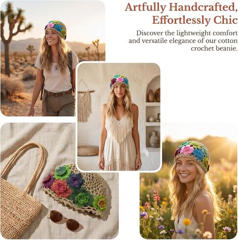 Vaveren Flower Crochet Beanie Elegant Cutout Floral Hat for Dating Shopping Outdoor in Kuwait