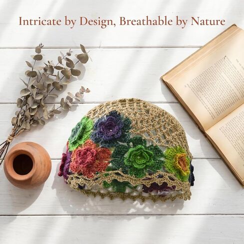 Vaveren Flower Crochet Beanie Elegant Cutout Floral Hat for Dating Shopping Outdoor in Kuwait