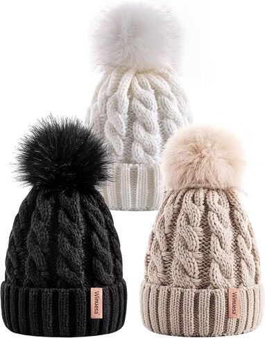 3 PCS Womens Beanie with Pom Pom, Knit Beanie Hats for Women Winter and Fall, Cute Warm Winter Hats for Ladies, Fashionable Skull Cap Beanies for Cold Weather-001 in Saudi Arabia