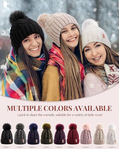3 PCS Womens Beanie with Pom Pom, Knit Beanie Hats for Women Winter and Fall, Cute Warm Winter Hats for Ladies, Fashionable Skull Cap Beanies for Cold Weather-001 in Saudi Arabia