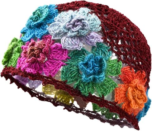 Vaveren Flower Crochet Beanie Elegant Cutout Floral Hat for Dating Shopping Outdoor in Kuwait