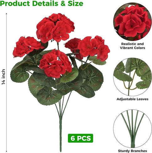 Ouddy Decor Artificial Geranium Flowers for Outdoors, Fake Silk Flowers UV Resistant Faux Geraniums for Vase Planter Garden Patio Balcony Porch Indoor Outdoor Spring Summer Home Decor, 6 Pcs Red in Saudi Arabia