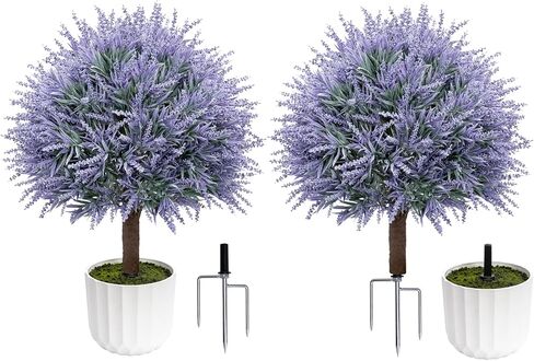 25.6" Artificial Lavender Topiary Ball with Pots, Rust-Proof Coated Metal Ground Spikes, UV-Resistant & Fade-Proof Faux Shrub for Porch, Indoor, Outdoor & Pathway Decor (2 Pcs) in Saudi Arabia