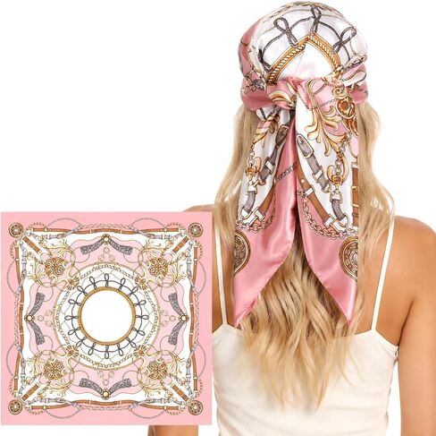 35 Inch Head Scarf for Women, Large Silk Satin Square Bandana, Pink Hair Wrap, Neck Scarves & Fashion Accessory with Hair Sticks in Saudi Arabia