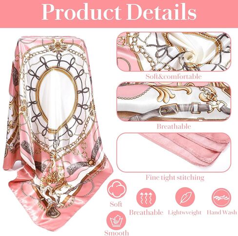 35 Inch Head Scarf for Women, Large Silk Satin Square Bandana, Pink Hair Wrap, Neck Scarves & Fashion Accessory with Hair Sticks in Saudi Arabia