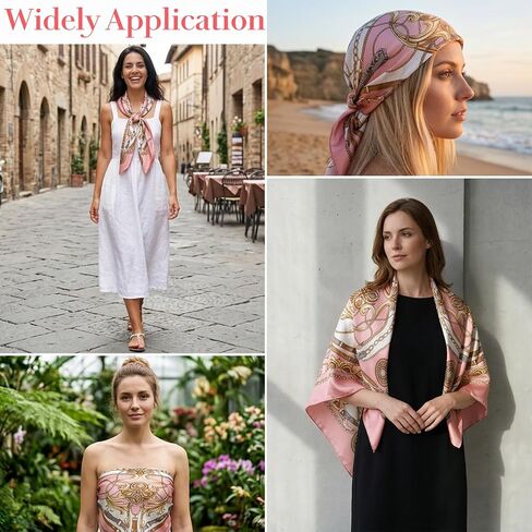 35 Inch Head Scarf for Women, Large Silk Satin Square Bandana, Pink Hair Wrap, Neck Scarves & Fashion Accessory with Hair Sticks in Saudi Arabia
