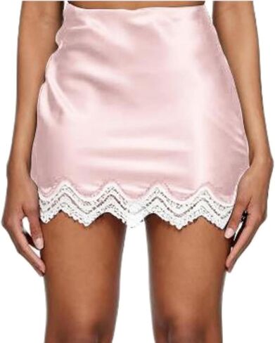 Women Satin Lace Trim Mini Skirt Y2k Elastic Waist Lace Slip Short Skirt Summer Going Out Club Skirts in Kuwait