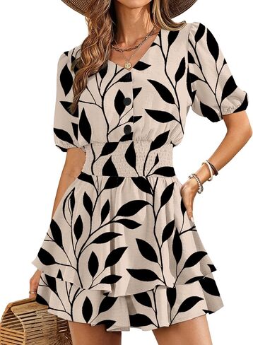 AGERWAY Womens Rompers Summer Casual Short Sleeve V Neck Dressy Layered Ruffle Hem Smocked Waist Jumpsuits One Piece Outfits in Kuwait