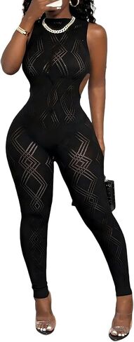 WEICHUJIAN Women’s Sexy Backless Mesh Jumpsuit Sleeveless Cutout One Piece Bodycon Outfit High Stretch Party Clubwear in Saudi Arabia