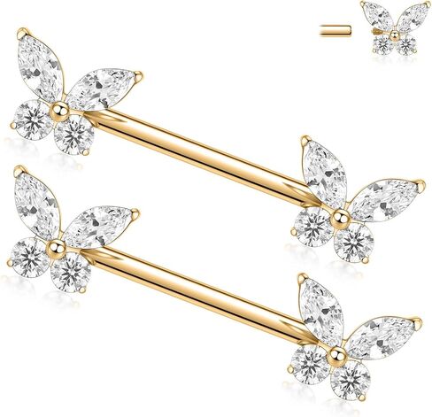 PEAKLINK 14G Butterfly Nipple Rings 1 Pair Titanium Nipple Jewelry Cube Zircon Nipple Barbell Internally Threaded Nipple Bars Bridge Piercing in Kuwait