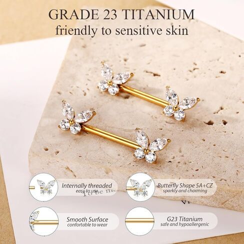 PEAKLINK 14G Butterfly Nipple Rings 1 Pair Titanium Nipple Jewelry Cube Zircon Nipple Barbell Internally Threaded Nipple Bars Bridge Piercing in Kuwait