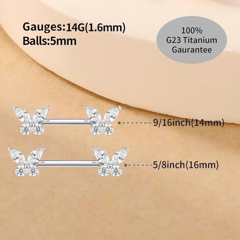 PEAKLINK 14G Butterfly Nipple Rings 1 Pair Titanium Nipple Jewelry Cube Zircon Nipple Barbell Internally Threaded Nipple Bars Bridge Piercing in Kuwait