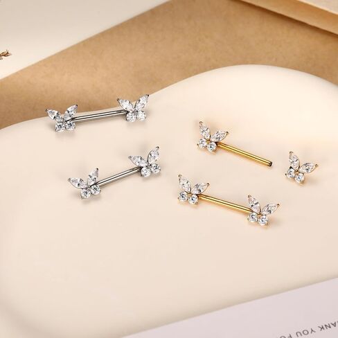PEAKLINK 14G Butterfly Nipple Rings 1 Pair Titanium Nipple Jewelry Cube Zircon Nipple Barbell Internally Threaded Nipple Bars Bridge Piercing in Kuwait