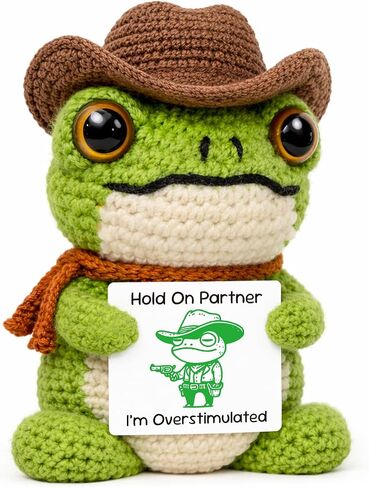 Funny Office Desk Accessories, Introvert Gag Gifts for Coworkers, Handcrafted Crochet Cowboy Frog Keepsake, Mental Health Stress Relief Decor, Weird Animal Present for Overstimulated Adults in Saudi Arabia