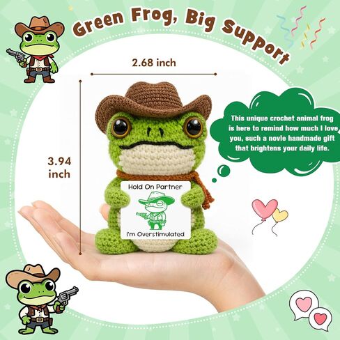 Funny Office Desk Accessories, Introvert Gag Gifts for Coworkers, Handcrafted Crochet Cowboy Frog Keepsake, Mental Health Stress Relief Decor, Weird Animal Present for Overstimulated Adults in Saudi Arabia