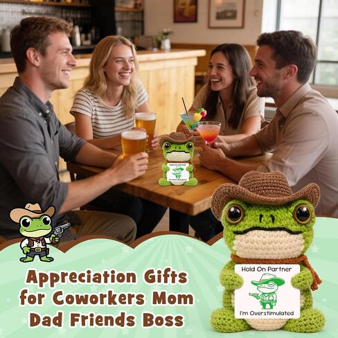 Funny Office Desk Accessories, Introvert Gag Gifts for Coworkers, Handcrafted Crochet Cowboy Frog Keepsake, Mental Health Stress Relief Decor, Weird Animal Present for Overstimulated Adults in Saudi Arabia