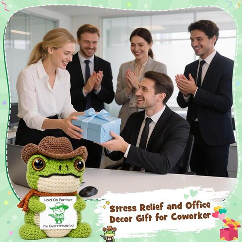 Funny Office Desk Accessories, Introvert Gag Gifts for Coworkers, Handcrafted Crochet Cowboy Frog Keepsake, Mental Health Stress Relief Decor, Weird Animal Present for Overstimulated Adults in Saudi Arabia