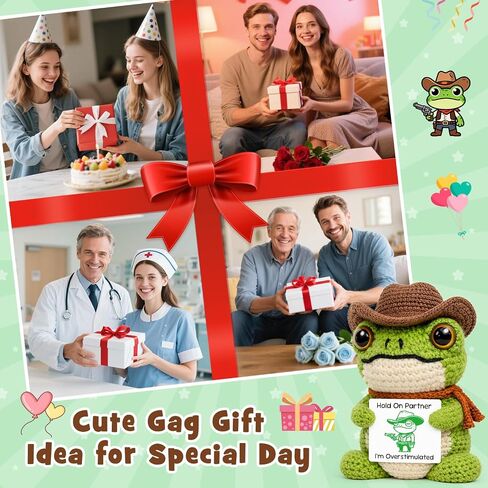 Funny Office Desk Accessories, Introvert Gag Gifts for Coworkers, Handcrafted Crochet Cowboy Frog Keepsake, Mental Health Stress Relief Decor, Weird Animal Present for Overstimulated Adults in Saudi Arabia