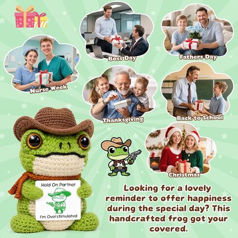 Funny Office Desk Accessories, Introvert Gag Gifts for Coworkers, Handcrafted Crochet Cowboy Frog Keepsake, Mental Health Stress Relief Decor, Weird Animal Present for Overstimulated Adults in Saudi Arabia