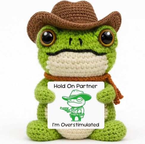 Funny Office Desk Accessories, Introvert Gag Gifts for Coworkers, Handcrafted Crochet Cowboy Frog Keepsake, Mental Health Stress Relief Decor, Weird Animal Present for Overstimulated Adults in Saudi Arabia