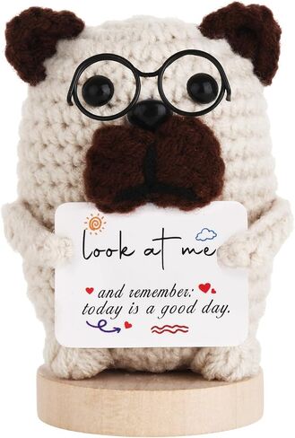 Pawlo Crochet Dog with Glasses Emotional Support Companion, Handmade Mini Decor with Wooden Base and Encouragement Card,Dog Lovers Gifts,Calm Focus Gift for Office Study Space in Kuwait