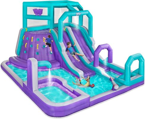 Sunny & Fun SpongeBob Mega Climb N’ Go Inflatable Water Slide Park – Heavy-Duty for Outdoor Fun - Climbing Wall, 2 Slides, Splash Pool – Easy to Set Up & Inflate with Included Air Pump & Carrying Case in Saudi Arabia
