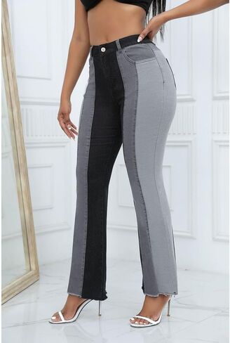 SEMATOMALA Women's Patchwork Bell Bottom Denim Pants Splicing Long Flare Trousers Stretchy Jeans Streetwear in Kuwait
