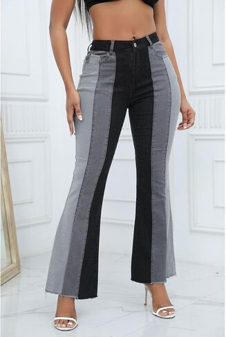 SEMATOMALA Women's Patchwork Bell Bottom Denim Pants Splicing Long Flare Trousers Stretchy Jeans Streetwear in Kuwait