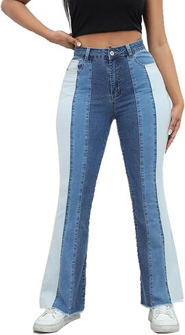 SEMATOMALA Women's Patchwork Bell Bottom Denim Pants Splicing Long Flare Trousers Stretchy Jeans Streetwear in Kuwait