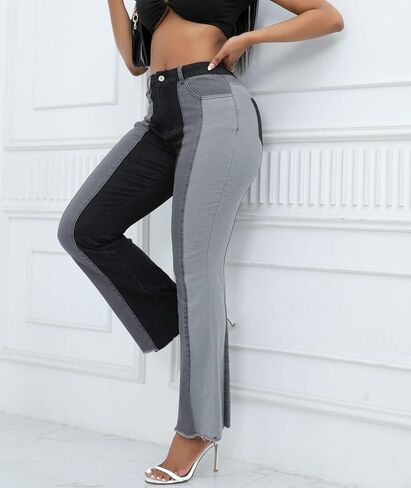 SEMATOMALA Women's Patchwork Bell Bottom Denim Pants Splicing Long Flare Trousers Stretchy Jeans Streetwear in Kuwait