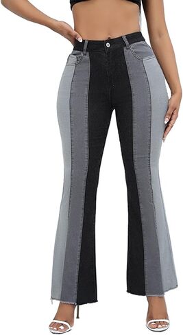 SEMATOMALA Women's Patchwork Bell Bottom Denim Pants Splicing Long Flare Trousers Stretchy Jeans Streetwear in Kuwait